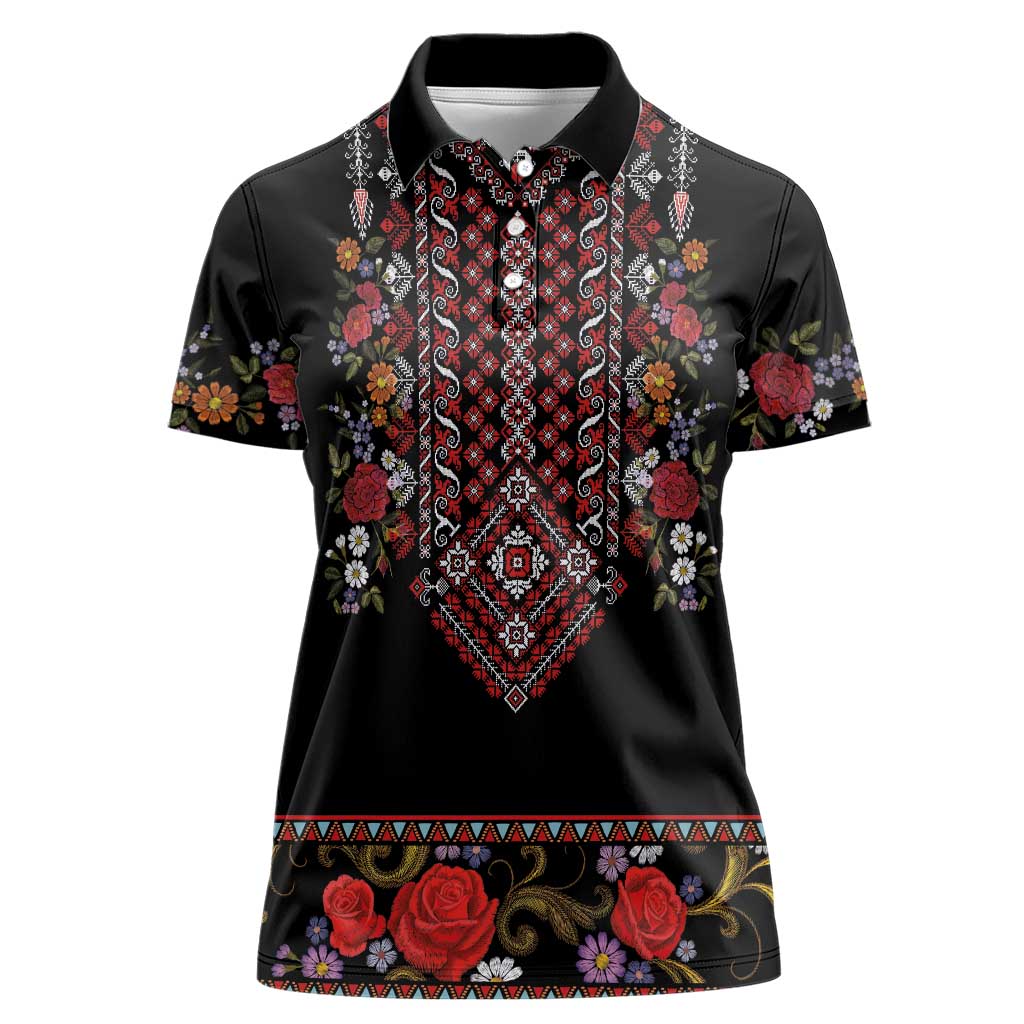 Traditional Romanian Costume - Costum Popular Women Polo Shirt Traditional Romanian Motif and Folk Floral Embroidery Style - Wonder Print Shop