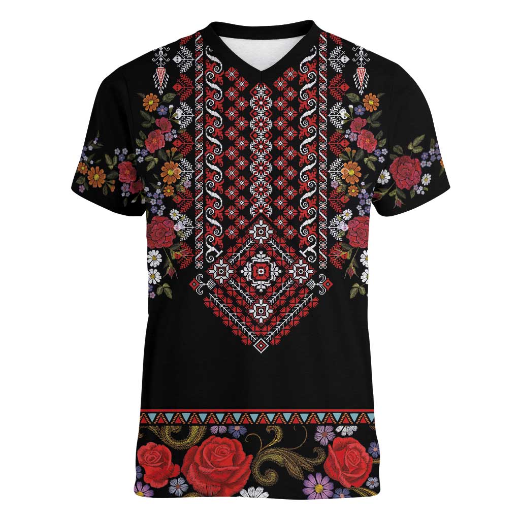 Traditional Romanian Costume - Costum Popular Women V-Neck T-Shirt Traditional Romanian Motif and Folk Floral Embroidery Style - Wonder Print Shop