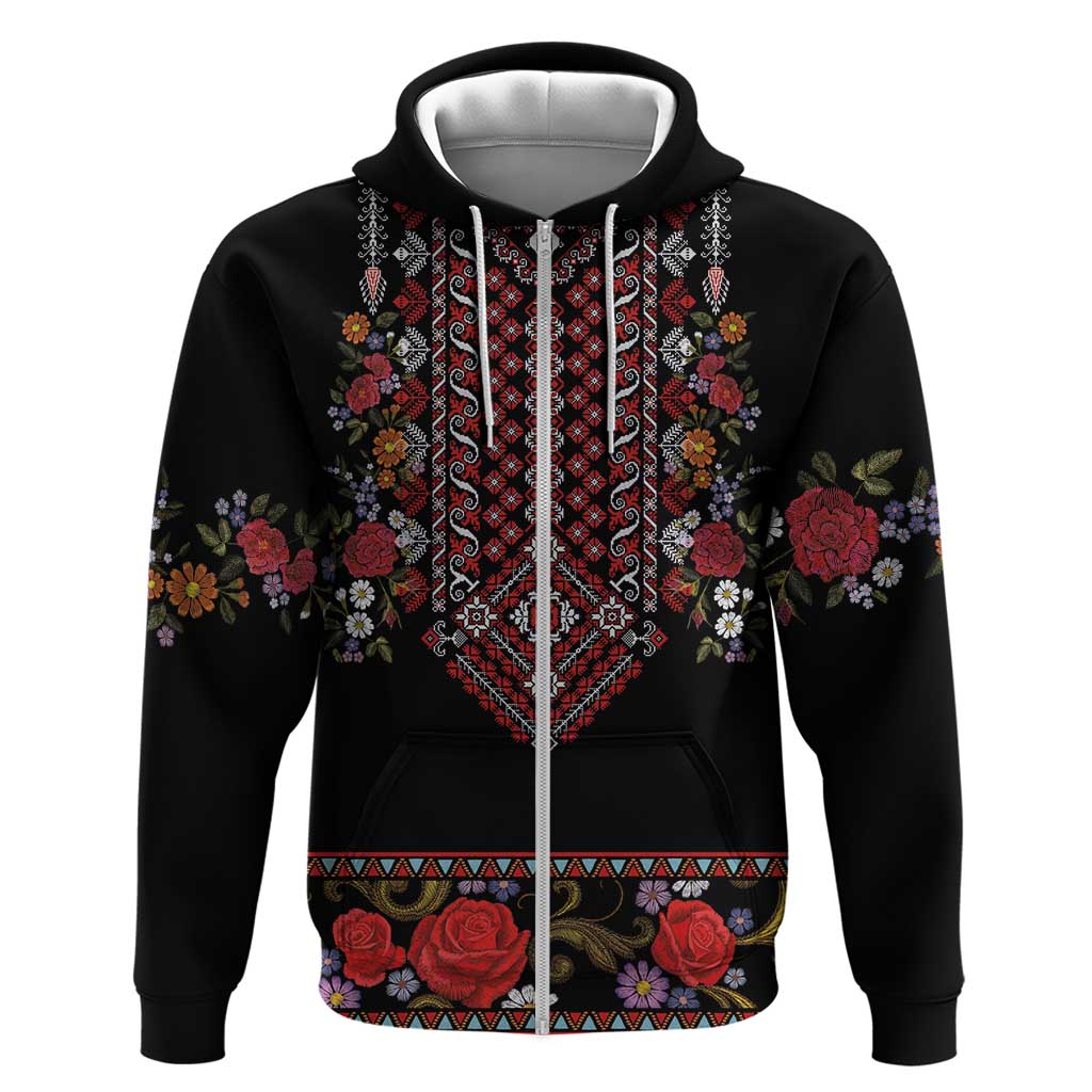 Traditional Romanian Costume - Costum Popular Zip Hoodie Traditional Romanian Motif and Folk Floral Embroidery Style - Wonder Print Shop