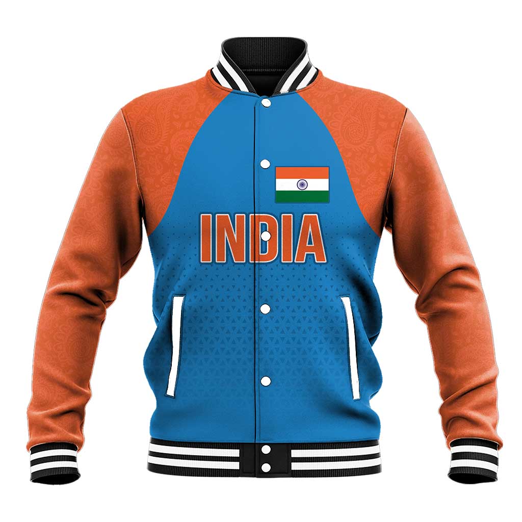 Baseball jacket: blue body with India emblem, orange sleeves, ribbed striped collar and cuffs