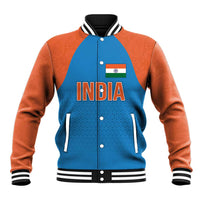 Baseball jacket: blue body with India emblem, orange sleeves, ribbed striped collar and cuffs
