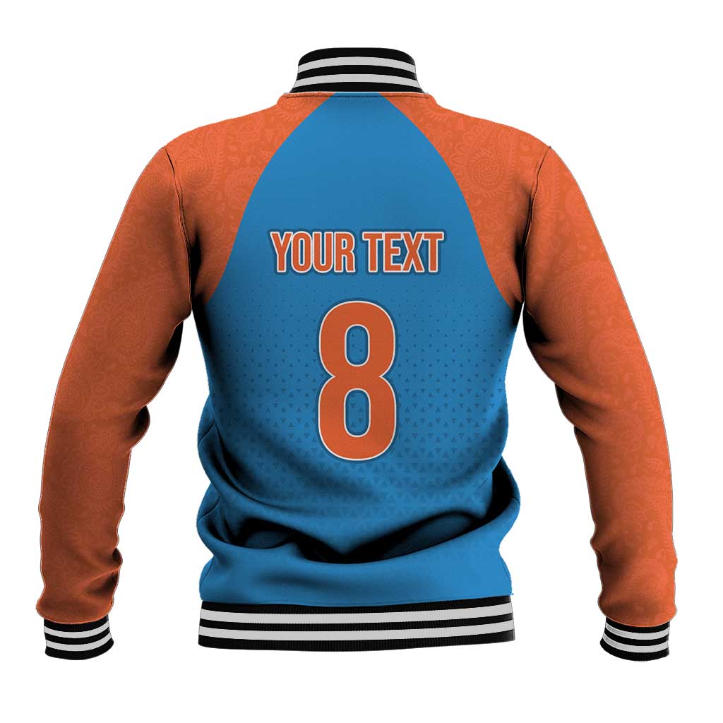 Baseball jacket: blue back with YOUR TEXT and number 8, orange sleeves, striped ribbed collar