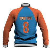 Baseball jacket: blue back with YOUR TEXT and number 8, orange sleeves, striped ribbed collar