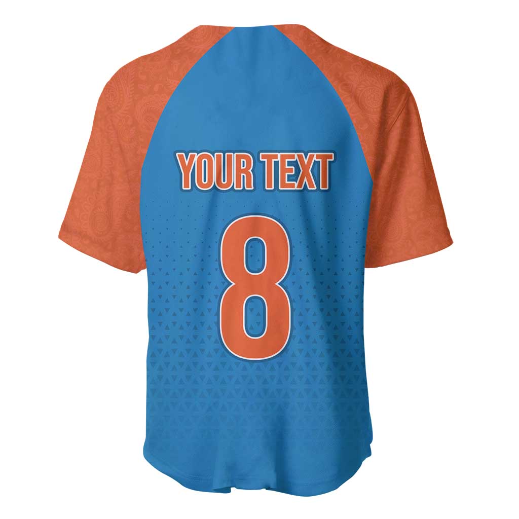 Blue and orange raglan cricket baseball jersey back with YOUR TEXT and number 8
