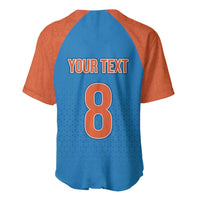 Blue and orange raglan cricket baseball jersey back with YOUR TEXT and number 8