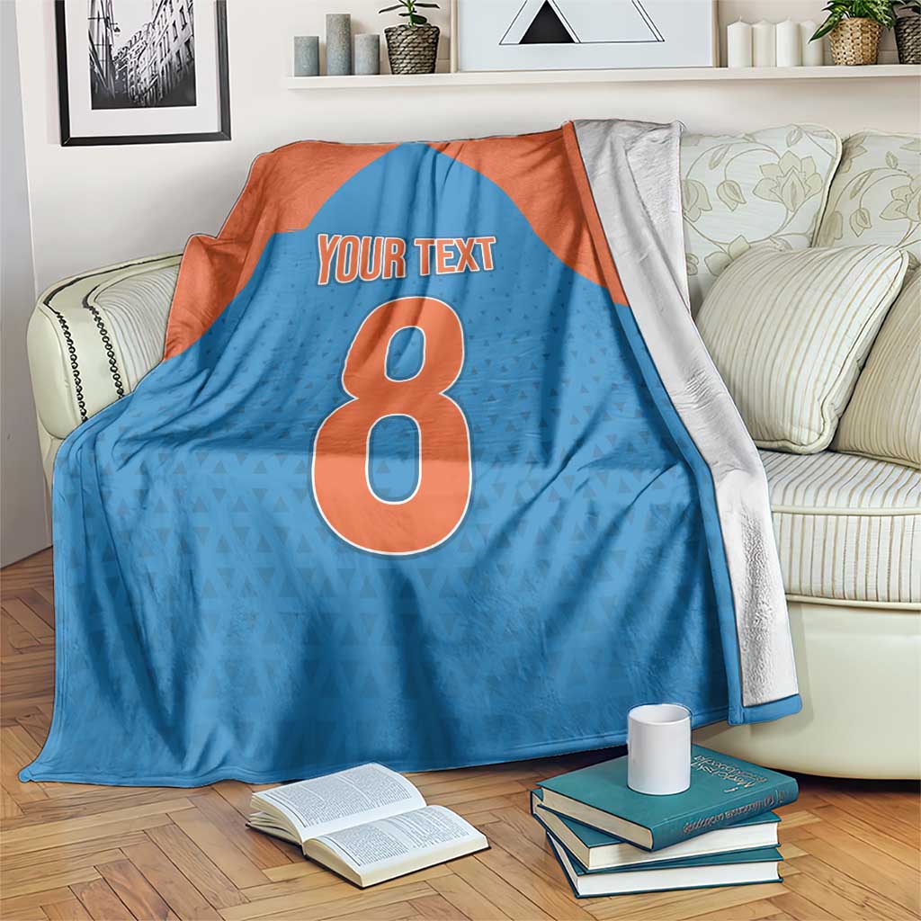 Blue and orange custom blanket with large number 8 and 'YOUR TEXT' center print