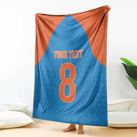 Blue and orange custom blanket with large number 8 and 'YOUR TEXT' center print