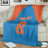 Blue and orange custom blanket with large number 3 and 'YOUR TEXT' center print