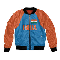 Blue and orange bomber jacket with black ribbed collar and cuffs, front zipper with India logo
