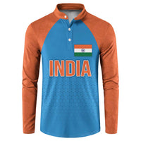 Blue and orange raglan button sweatshirt with India graphic on front