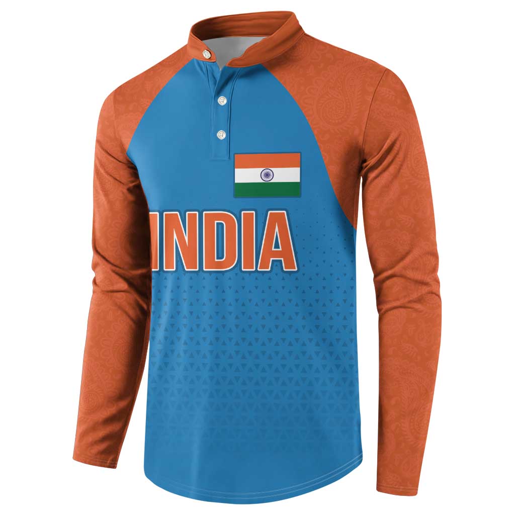 Blue raglan button sweatshirt with India lettering and tricolor badge on chest
