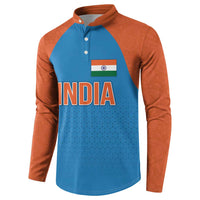Blue raglan button sweatshirt with India lettering and tricolor badge on chest