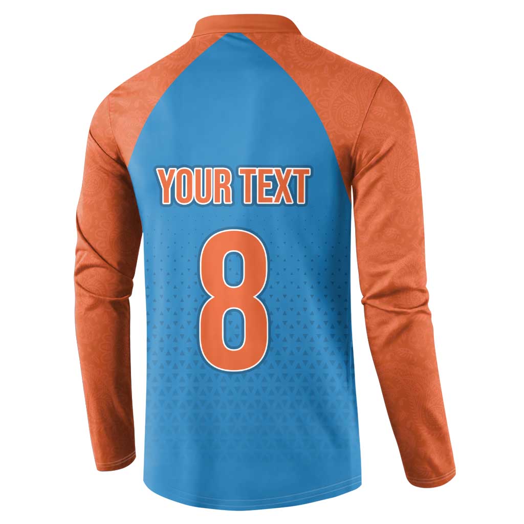 Blue raglan button sweatshirt back view with 'YOUR TEXT' and number 8 graphic