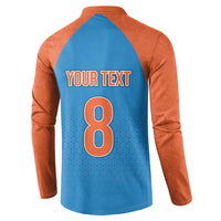 Blue raglan button sweatshirt back view with 'YOUR TEXT' and number 8 graphic