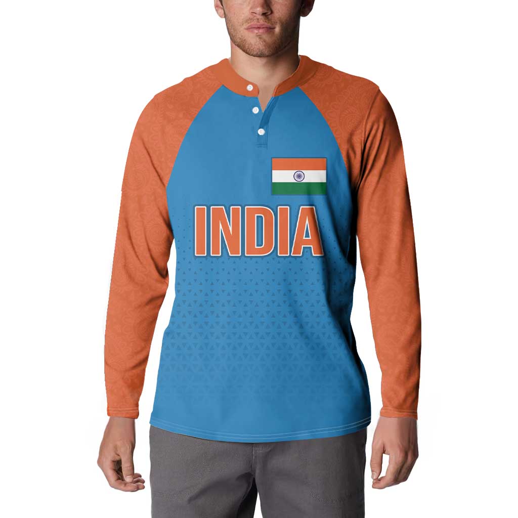 Blue and orange raglan button sweatshirt with India graphic and tricolor badge