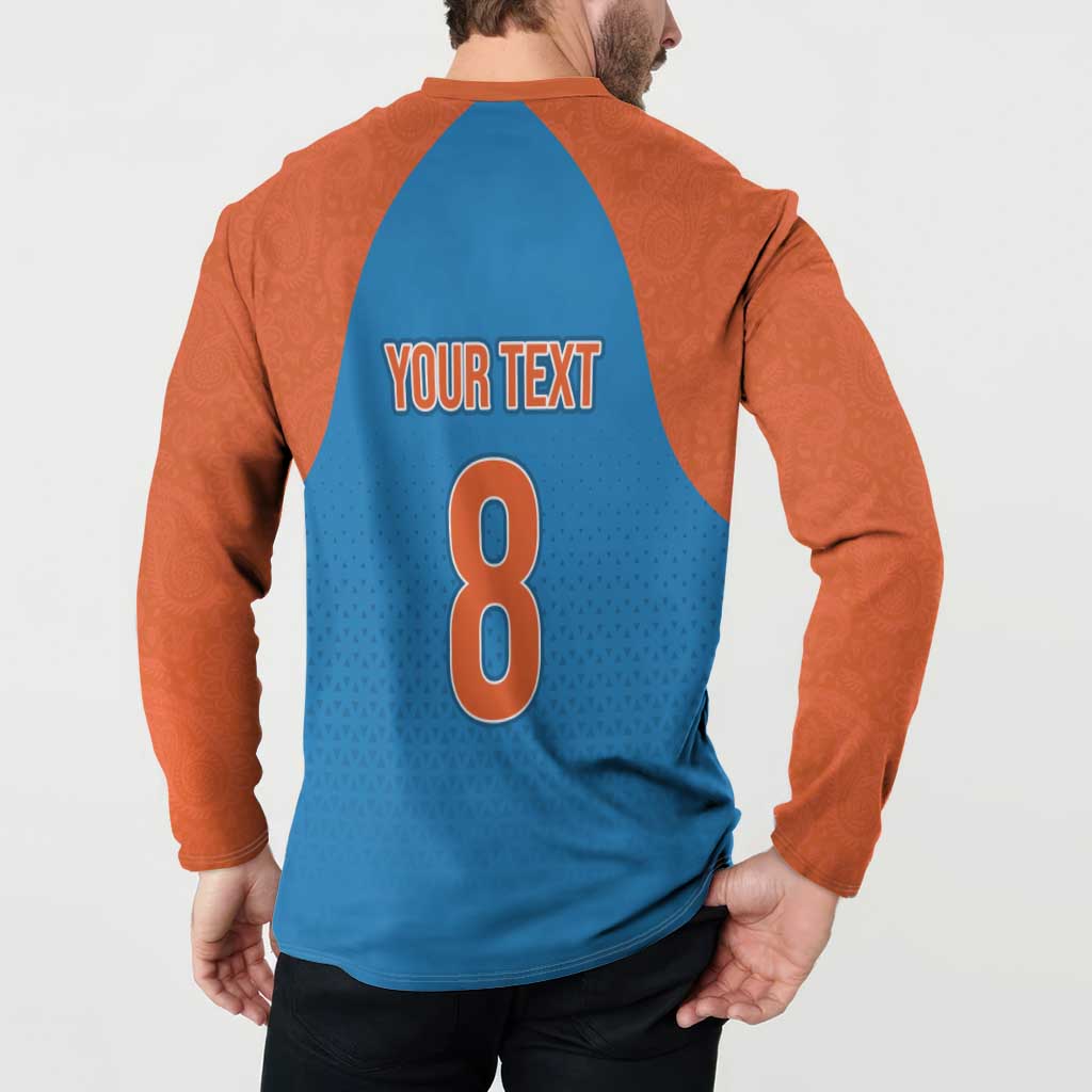 Blue raglan button sweatshirt back view with 'YOUR TEXT' number 8 graphic