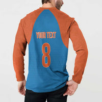 Blue raglan button sweatshirt back view with 'YOUR TEXT' number 8 graphic