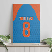 Custom canvas wall art, blue with orange border shapes, “YOUR TEXT” and large number 8