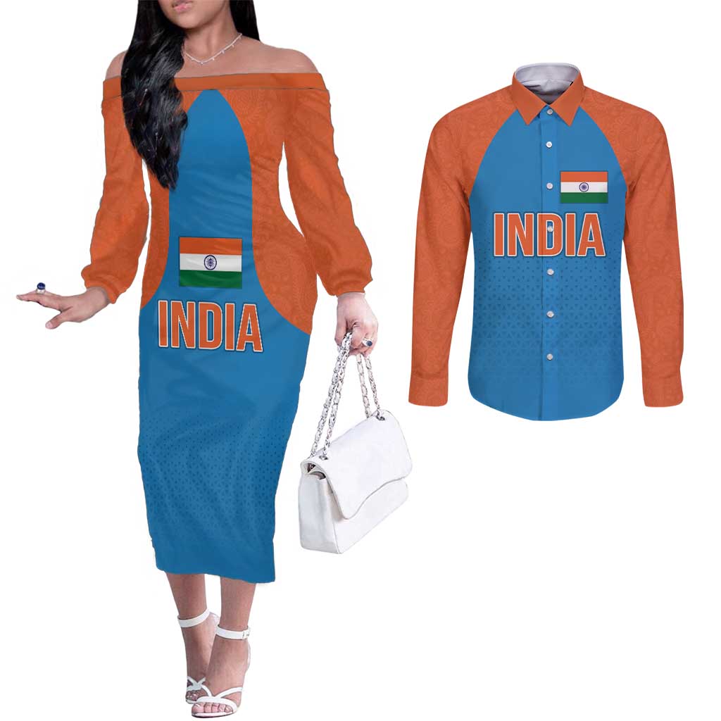 Custom India Cricket Mix Paisley Pattern Couples Matching Off The Shoulder Long Sleeve Dress and Long Sleeve Button Shirt