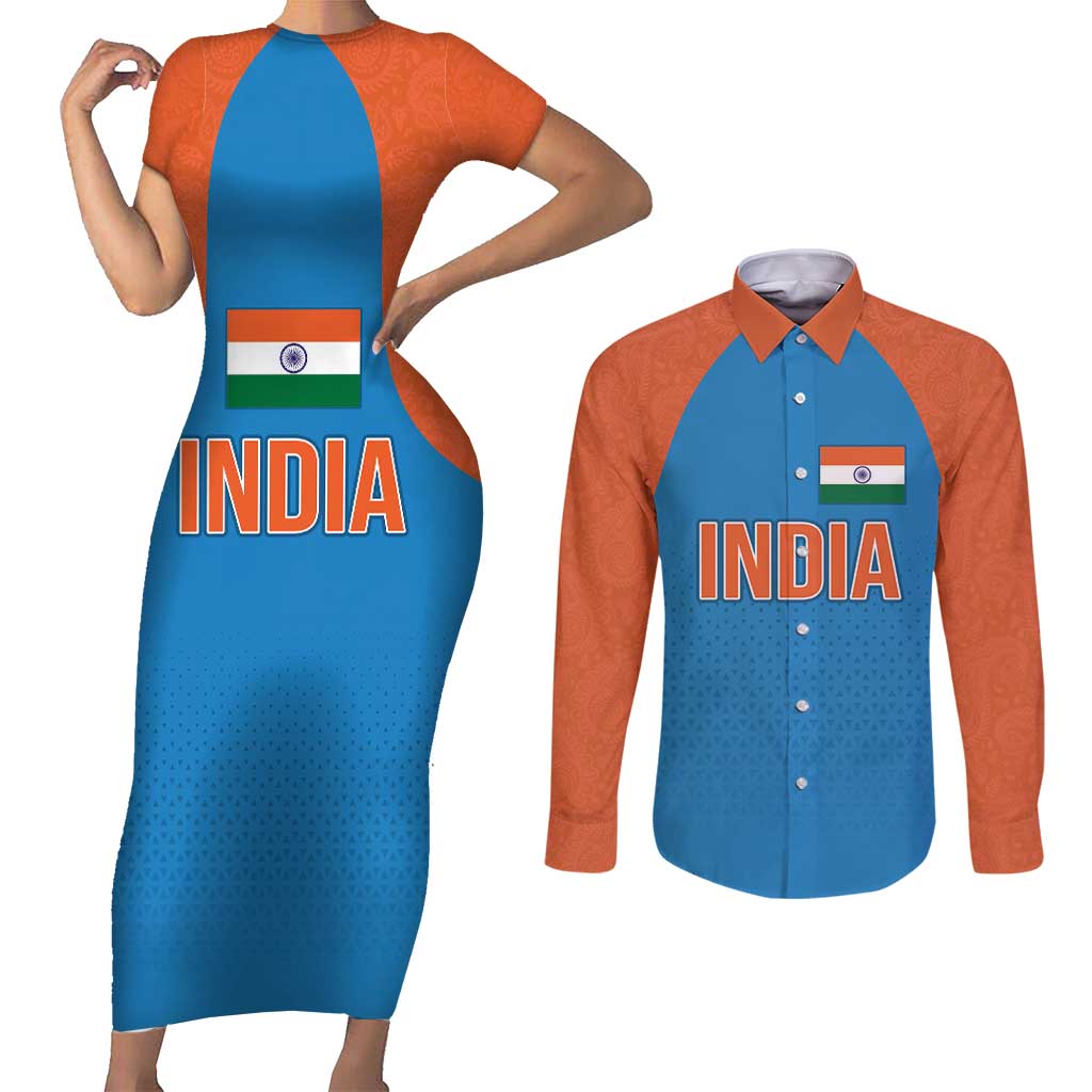 Custom India Cricket Mix Paisley Pattern Couples Matching Short Sleeve Bodycon Dress and Long Sleeve Button Shirt - Wonder Print Shop