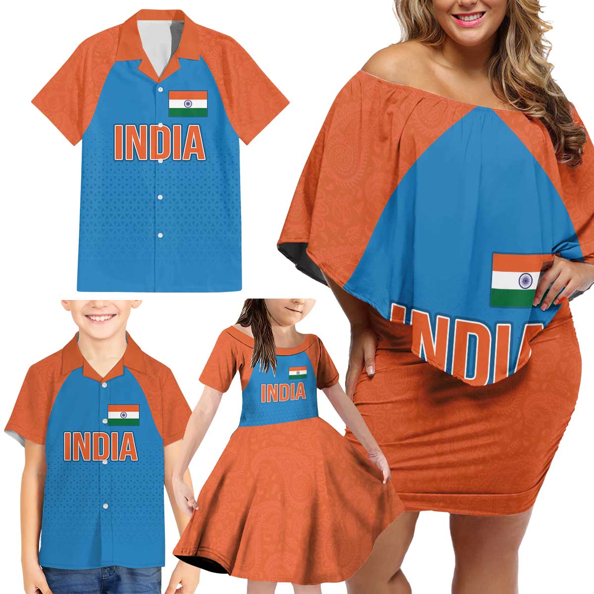 Custom India Cricket Mix Paisley Pattern Family Matching Off Shoulder Short Dress and Hawaiian Shirt - Wonder Print Shop