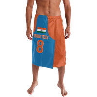 Men's orange and blue cricket-style shorts with printed 'YOUR TEXT' and number 8