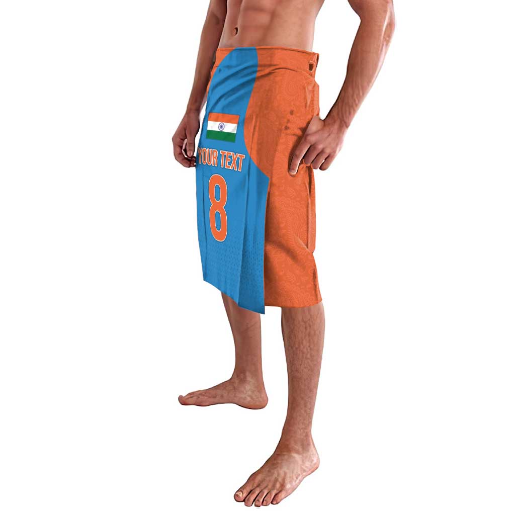 Men's orange and blue cricket-style shorts with 'YOUR TEXT' and number 8 side print