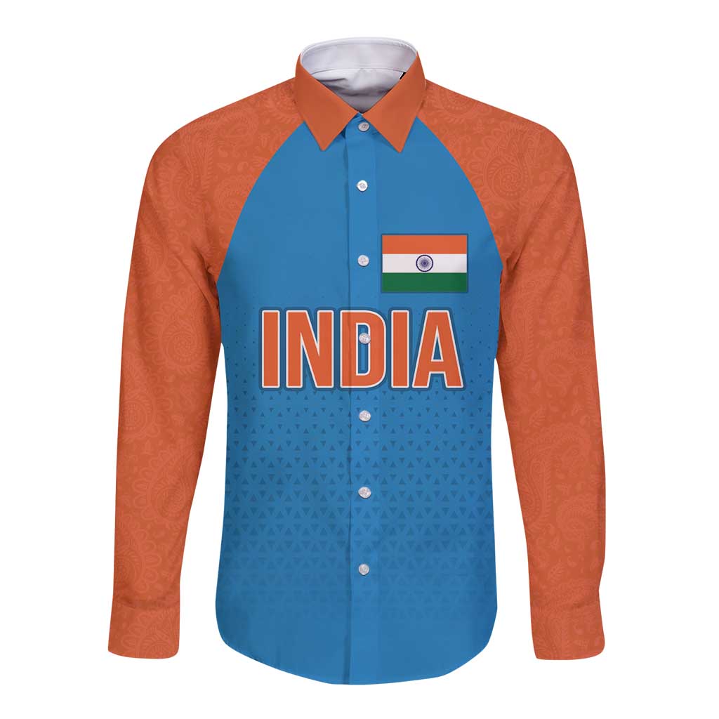 Long sleeve button shirt with blue front, orange sleeves, paisley pattern; India text and flag