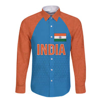 Long sleeve button shirt with blue front, orange sleeves, paisley pattern; India text and flag