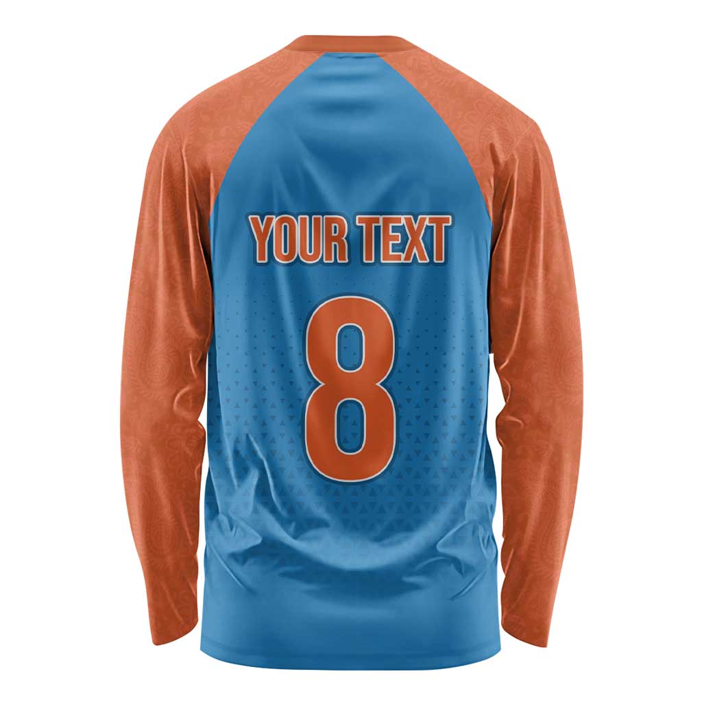 Long-sleeve raglan cricket shirt: blue back, orange sleeves, 'YOUR TEXT' and 8 number