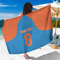 Blue and orange custom sarong with paisley pattern, 'YOUR TEXT' and large number 8