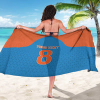 Custom sarong in blue and orange with paisley motifs, showing 'YOUR TEXT' and number 8
