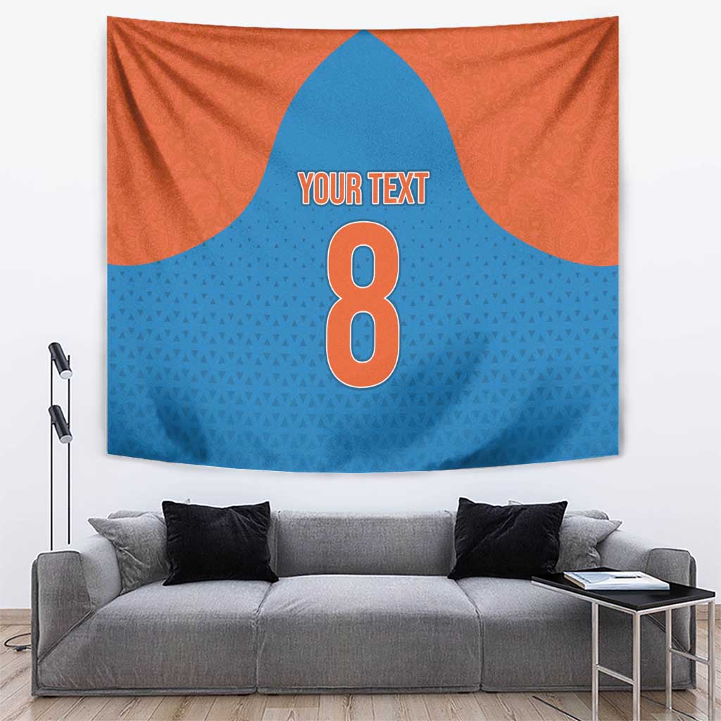 Cricket tapestry with orange and blue halves, centered 8 and 'YOUR TEXT'.