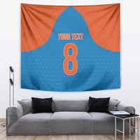 Cricket tapestry with orange and blue halves, centered 8 and 'YOUR TEXT'.