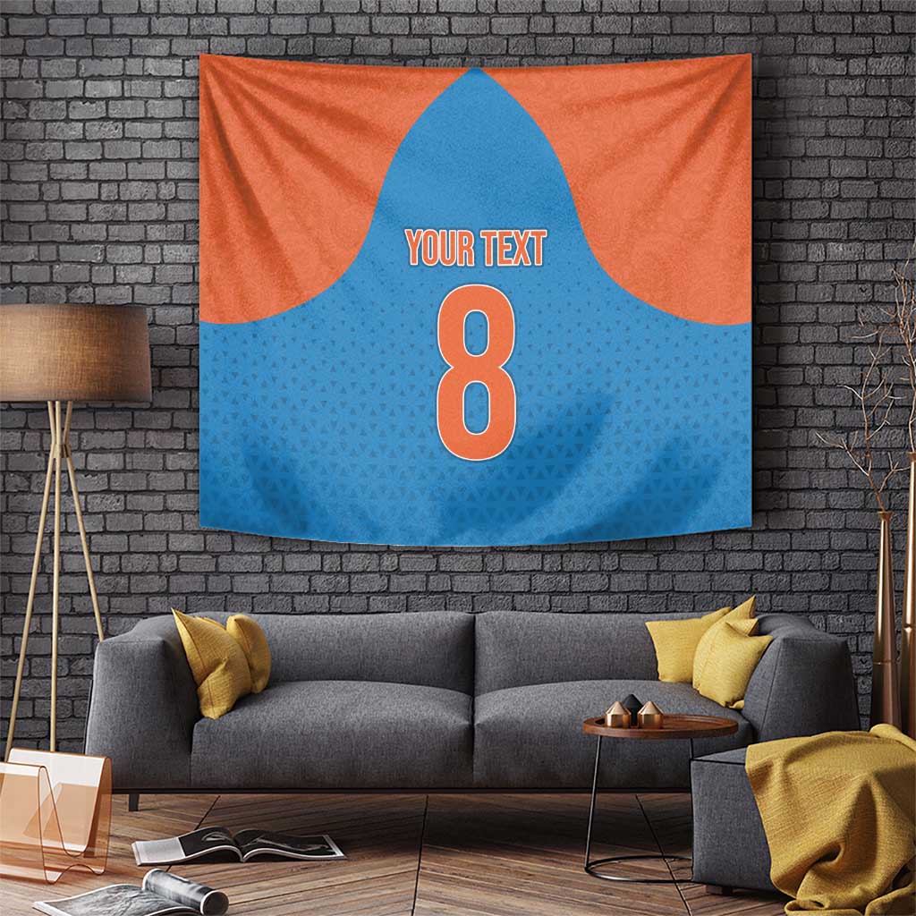 Cricket tapestry with orange-and-blue top and bottom, centered 8 and 'YOUR TEXT'.