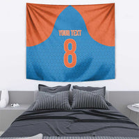 Cricket tapestry with orange and blue halves, centered 0 and 'YOUR TEXT'.