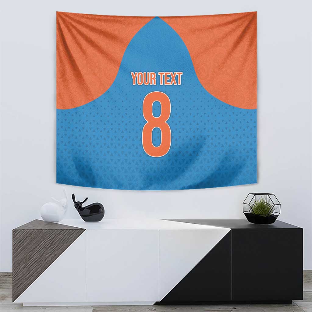 Cricket tapestry with orange and blue halves, centered 8 and 'YOUR TEXT'.