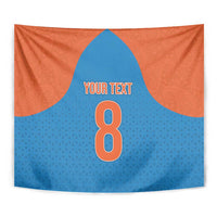 Cricket tapestry close-up with orange and blue halves, centered 8 and 'YOUR TEXT'.