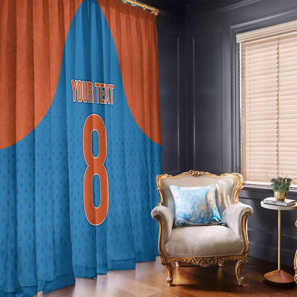 Blue and rust orange window curtain panels with large number graphic and custom text block