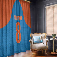 Blue and rust orange window curtain panels with large number graphic and custom text block