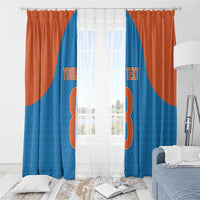 Pair of blue and rust orange window curtains with custom text area and number graphic