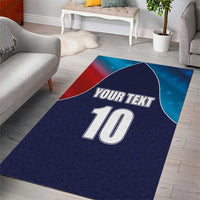Blue cricket area rug with flag graphic, 'YOUR TEXT' and large white '10'