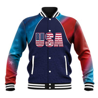 Unisex USA baseball jacket with US flag USA graphic on navy front, varsity sleeves
