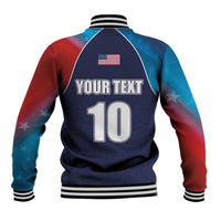 Unisex baseball jacket back with US flag, 'YOUR TEXT' and number 10, ribbed hem