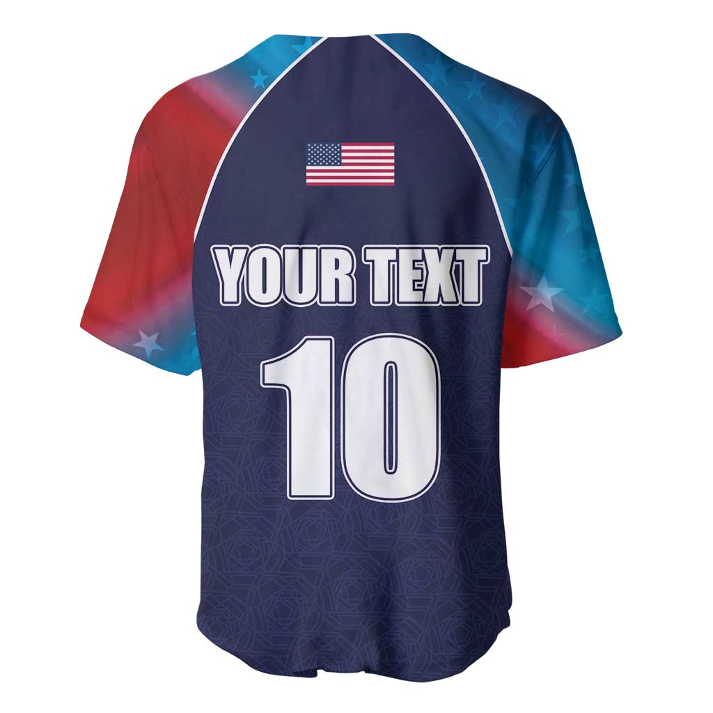 Navy baseball jersey back with USA flag patch, YOUR TEXT, and number 10
