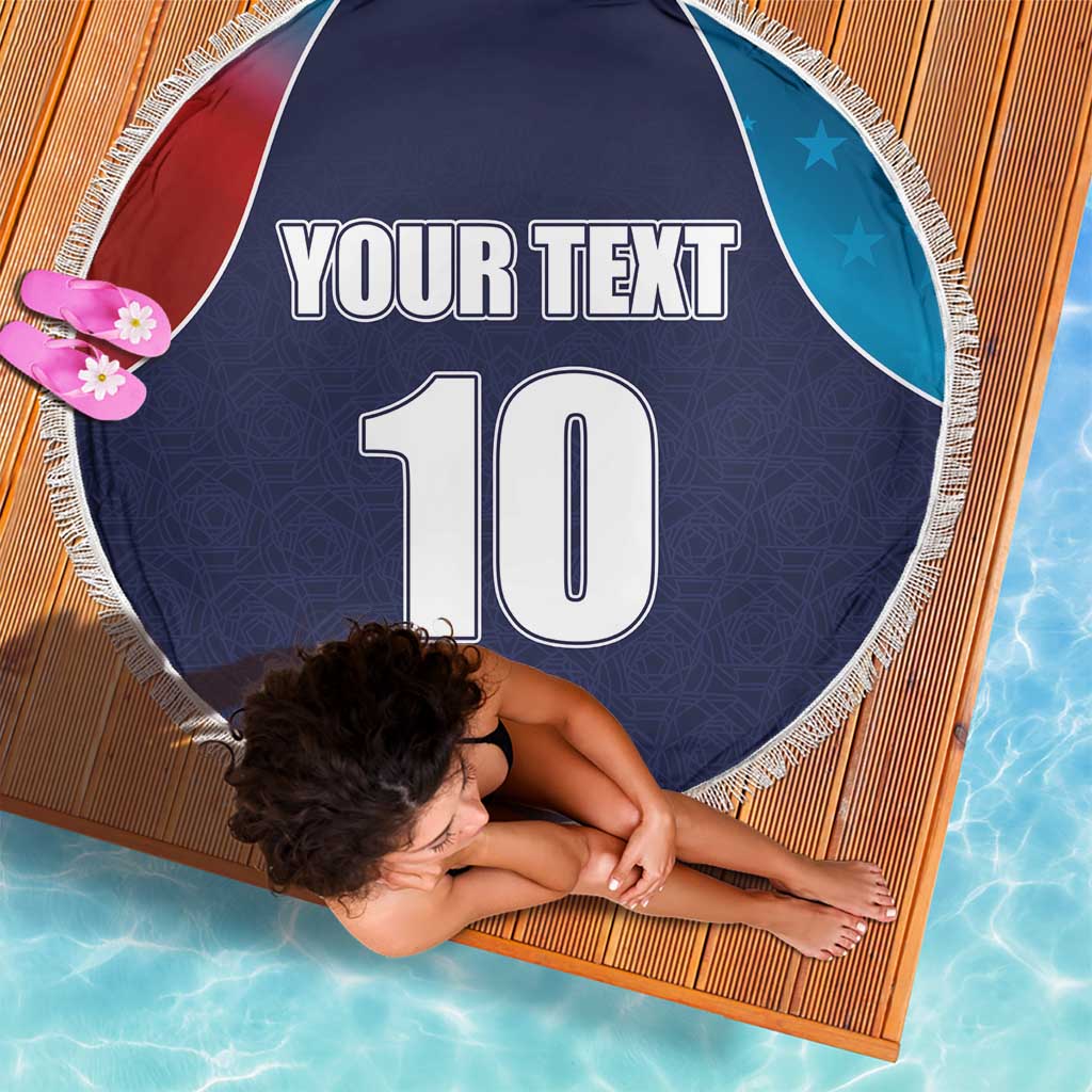 Round navy beach blanket with fringe, YOUR TEXT and number 10, blue star corner