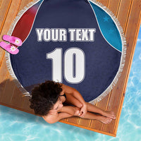 Round navy beach blanket with fringe, YOUR TEXT and number 10, blue star corner