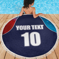 Round navy beach blanket with fringe, YOUR TEXT and flag-style number 10