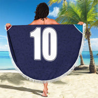 Round navy beach blanket with fringe, flag-style number 10 panel