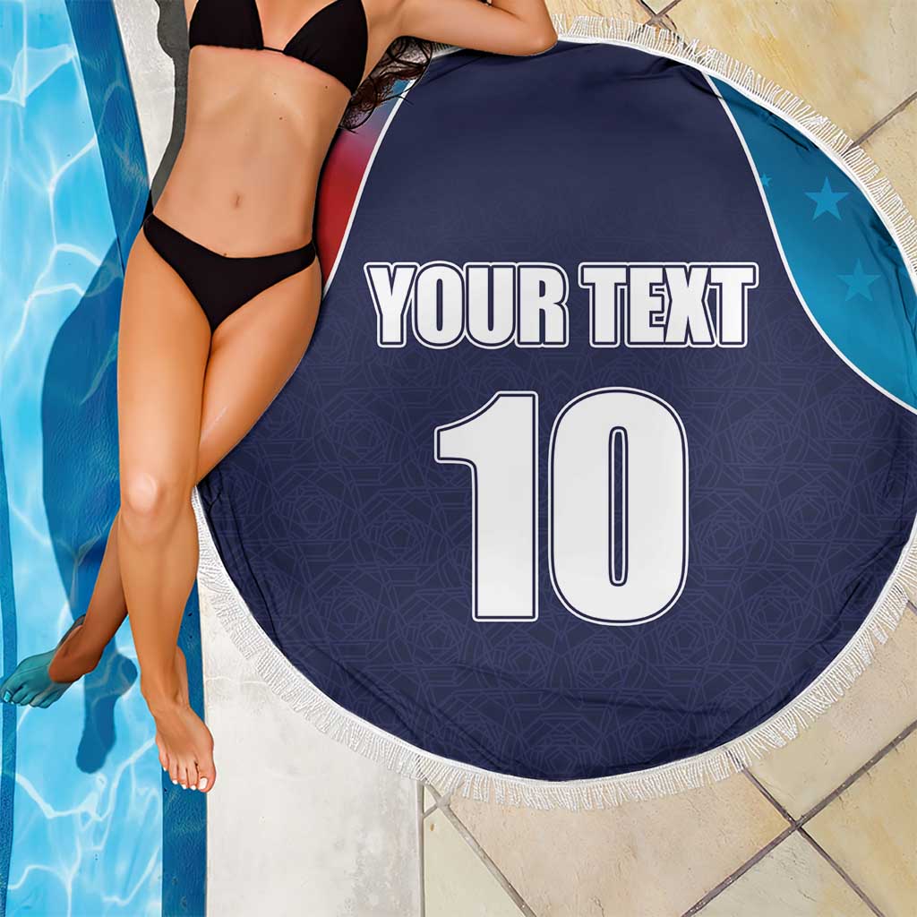 Round navy beach blanket with fringe, YOUR TEXT and large number 10